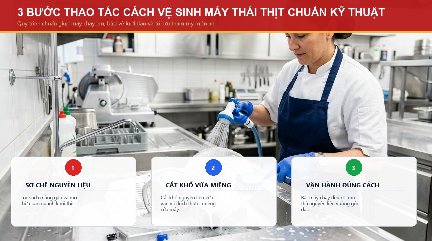 Quy trinh 3 buoc thao tac cách vệ sinh máy thái thịt