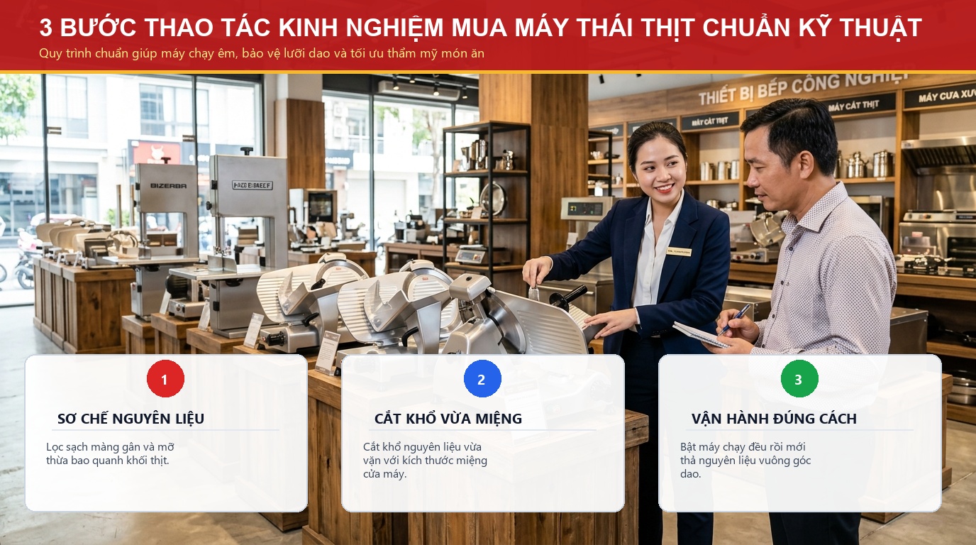 Quy trinh 3 buoc thao tac kinh nghiệm mua máy thái thịt