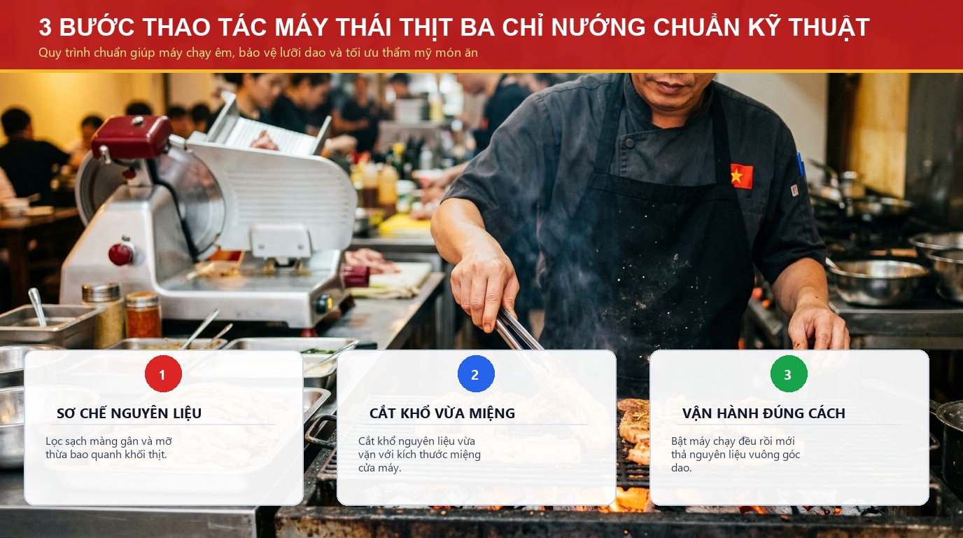Quy trinh 3 buoc thao tac máy thái thịt ba chỉ nướng