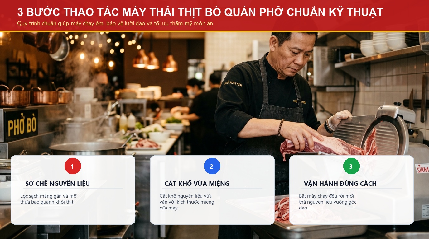Quy trinh 3 buoc thao tac máy thái thịt bò quán phở