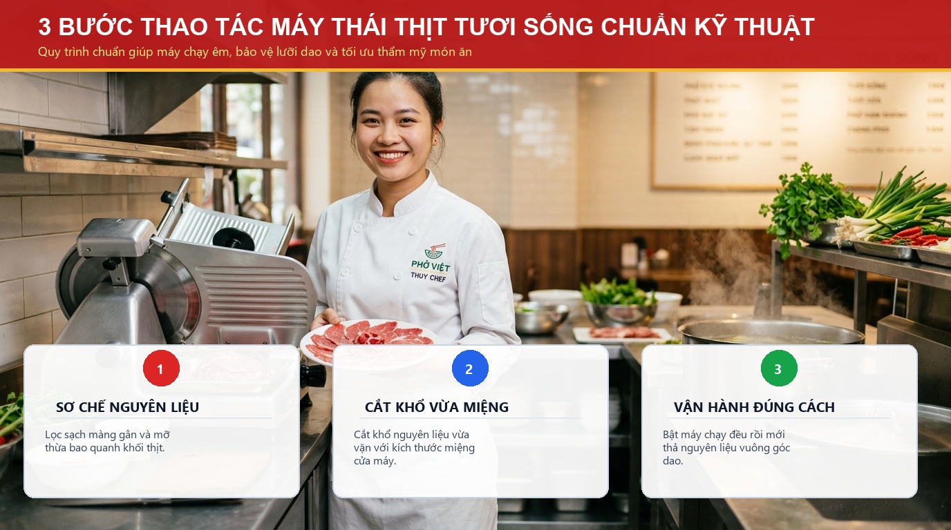 Quy trinh 3 buoc thao tac máy thái thịt tươi sống