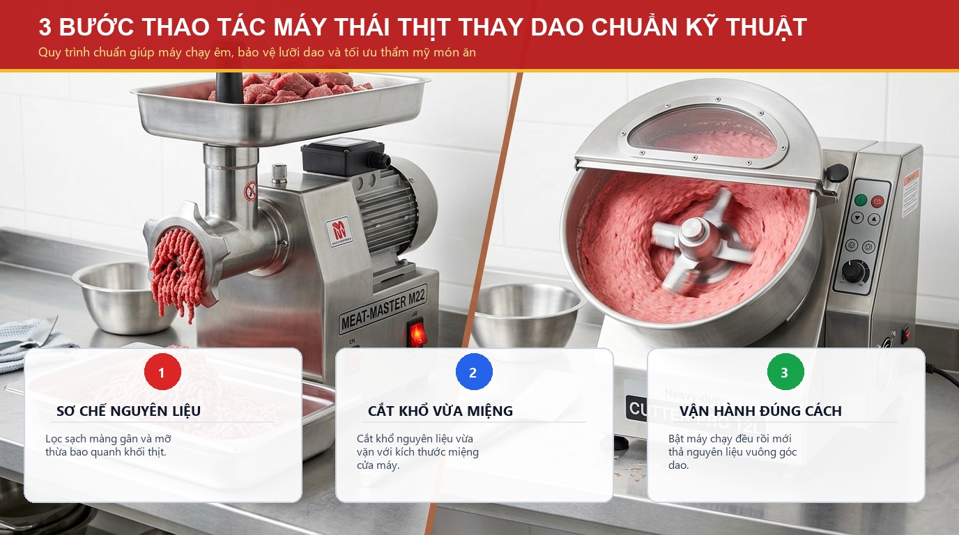 Quy trinh 3 buoc thao tac máy thái thịt thay dao