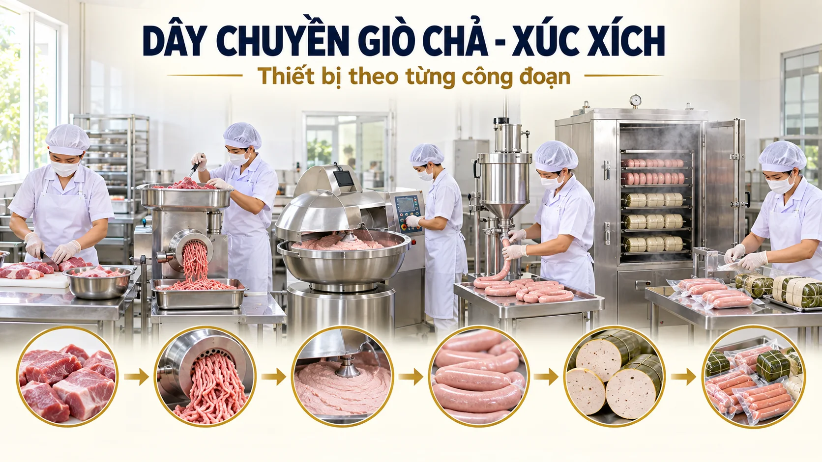 Dây chuyền sản xuất giò chả và xúc xích theo từng công đoạn trong xưởng thực phẩm