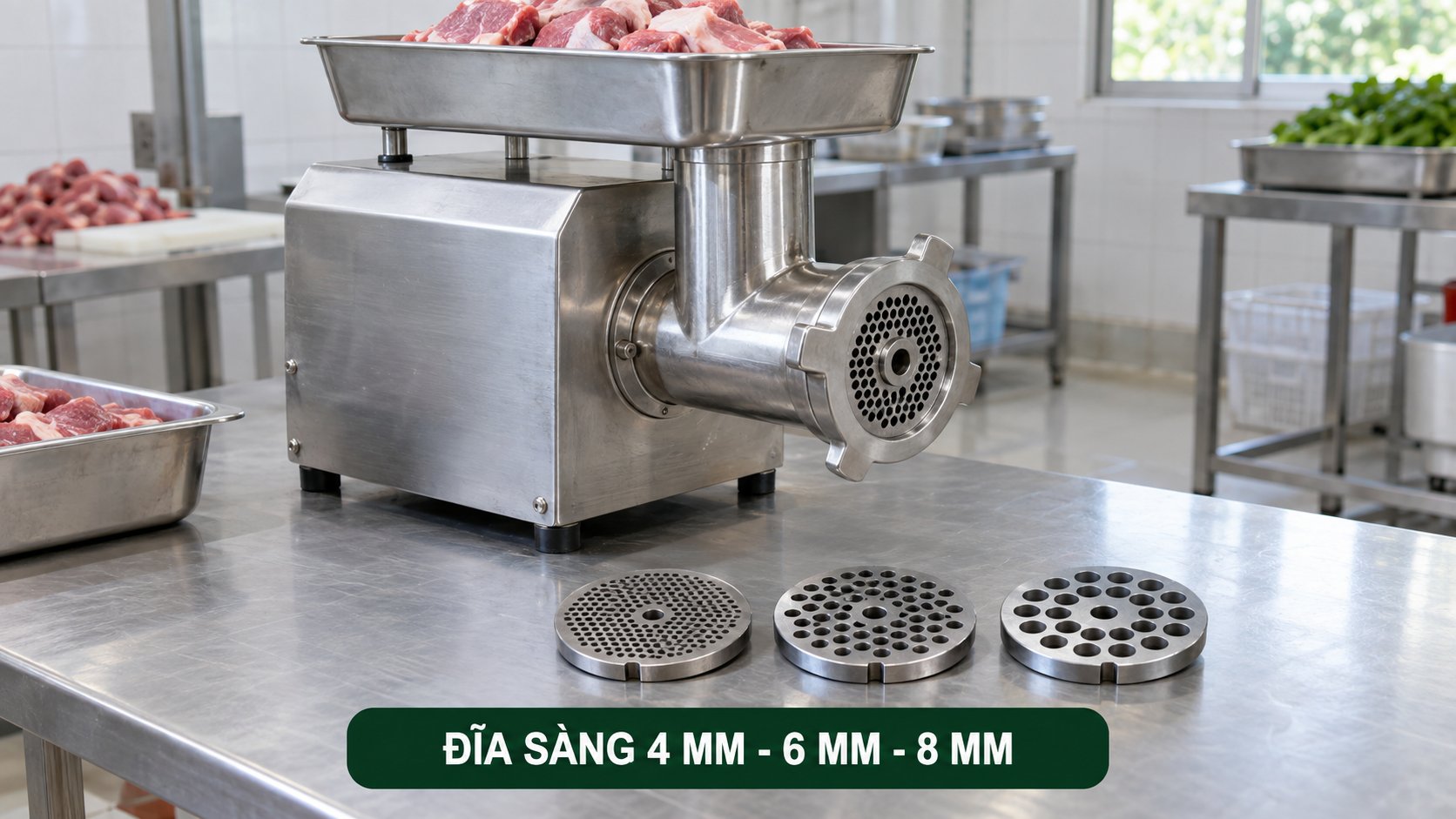 Máy xay thịt công nghiệp và ba đĩa sàng 4 mm, 6 mm, 8 mm
