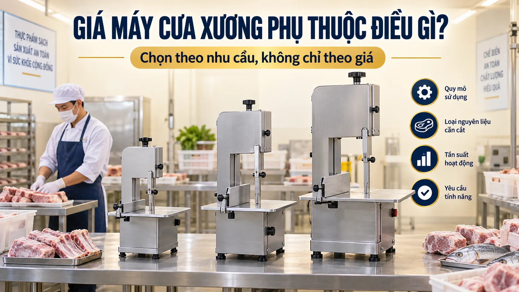 Ba cỡ máy cưa xương inox trong khu sơ chế thực phẩm