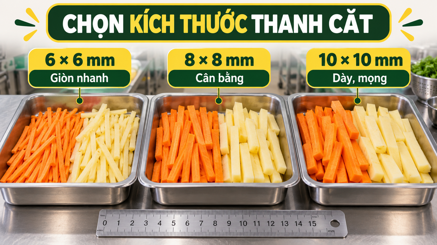 Ba kích thước thanh rau củ 6 mm, 8 mm và 10 mm