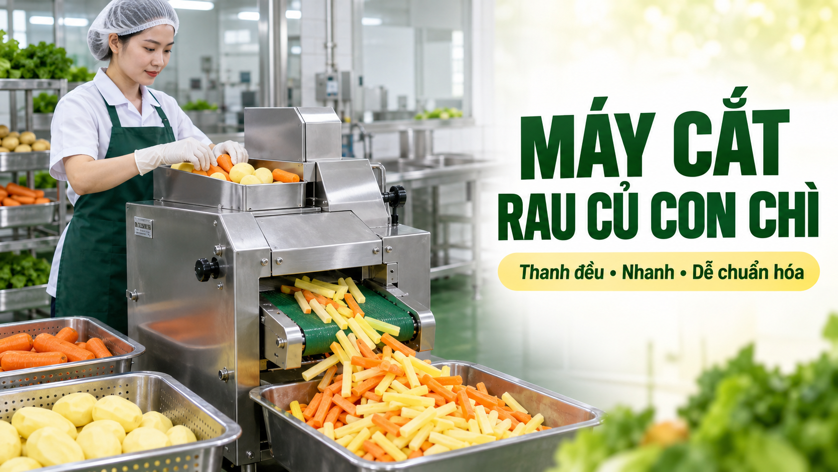 Máy cắt rau củ con chì trong bếp sơ chế công nghiệp