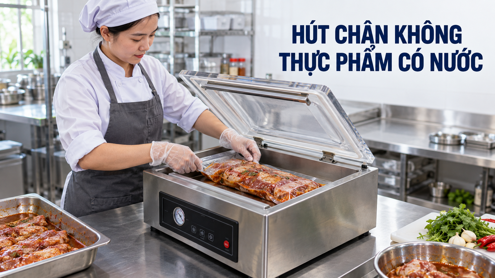 Máy hút chân không thực phẩm có nước trong khu sơ chế