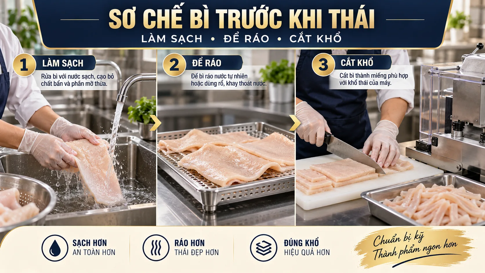 Máy Thái Bì Heo Làm Nem: Chọn Dao, Sơ Chế Và Vận Hành Đúng - quy trình