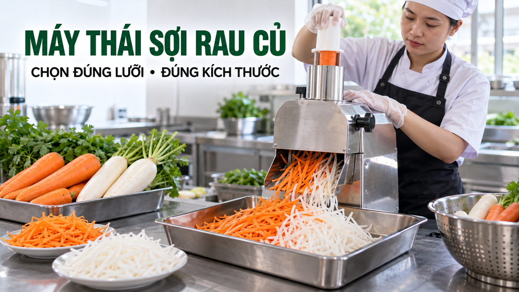 Máy thái sợi rau củ inox đang thái cà rốt và củ cải thành sợi đều