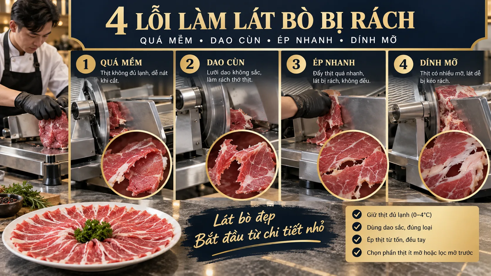 Máy Thái Thịt Cuộn Bò Nhúng Lẩu: Chọn Sao Cho Lát Mỏng Đẹp? - checklist kiểm tra