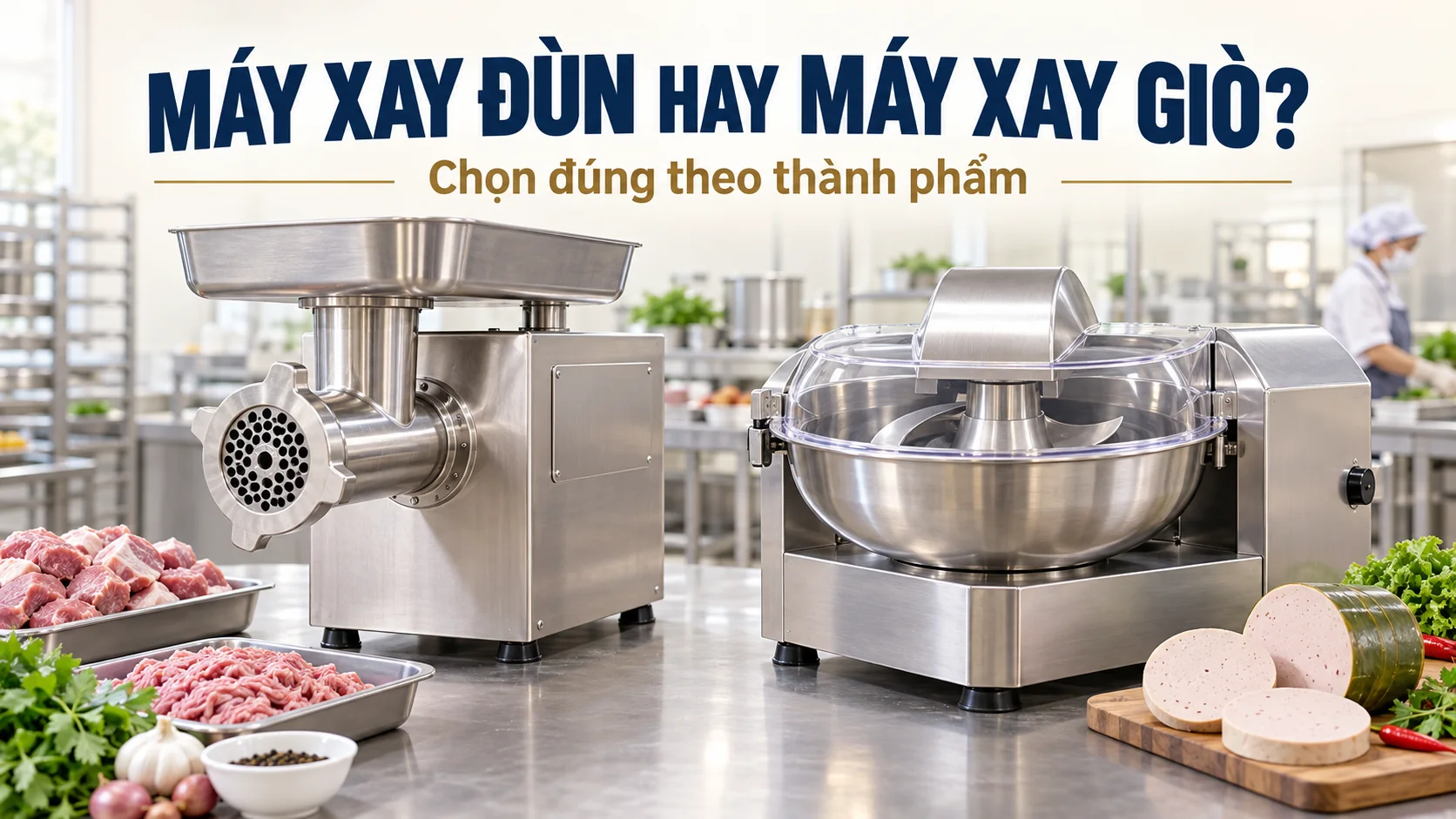 Máy xay đùn thịt và máy xay giò chả đặt cạnh nhau trong khu sơ chế thực phẩm