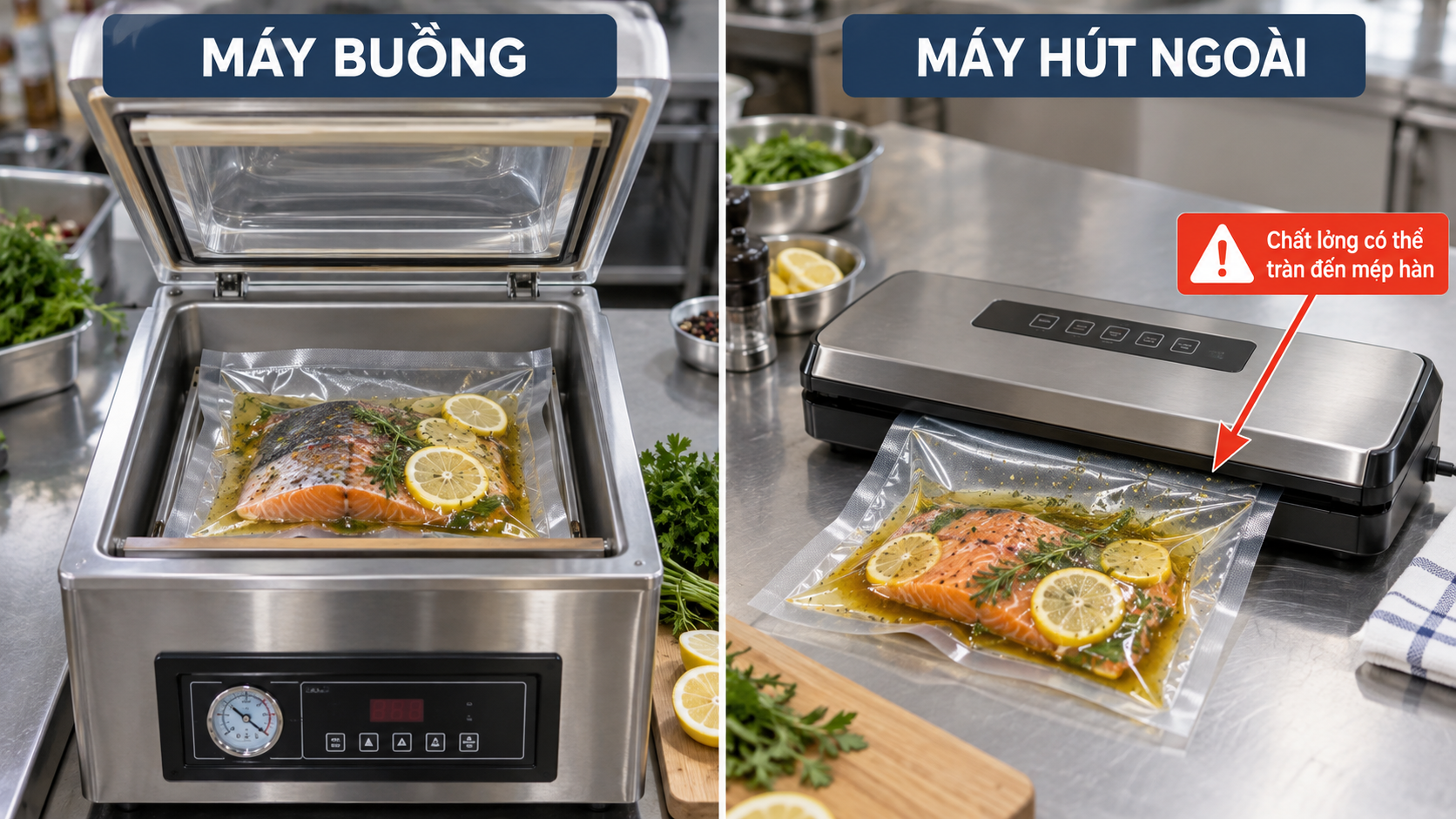 So sánh máy hút buồng và máy hút ngoài khi đóng gói đồ có nước