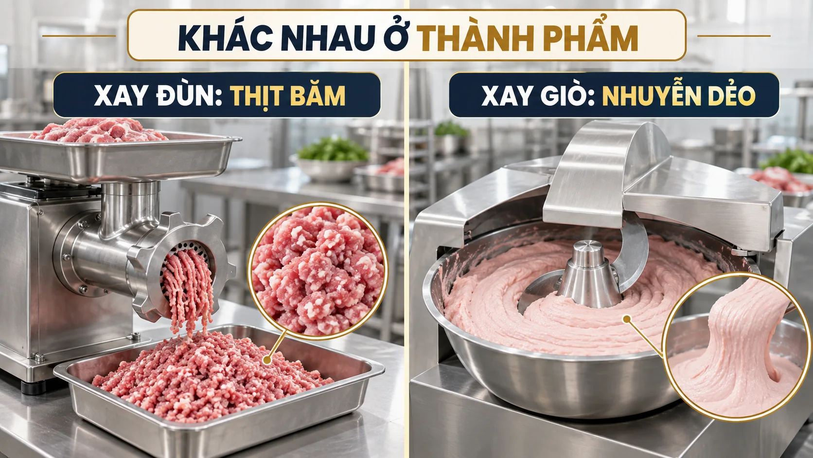 So sánh thành phẩm thịt băm của máy xay đùn và thịt nhuyễn dẻo của máy xay giò
