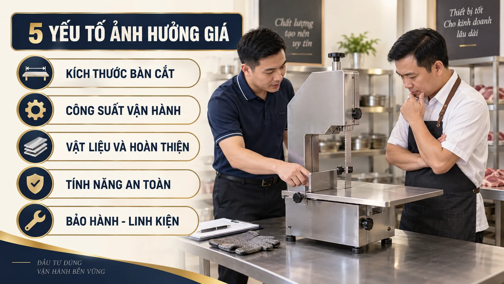 Năm yếu tố ảnh hưởng giá máy cưa xương gồm bàn cắt, vận hành, vật liệu, an toàn và bảo hành